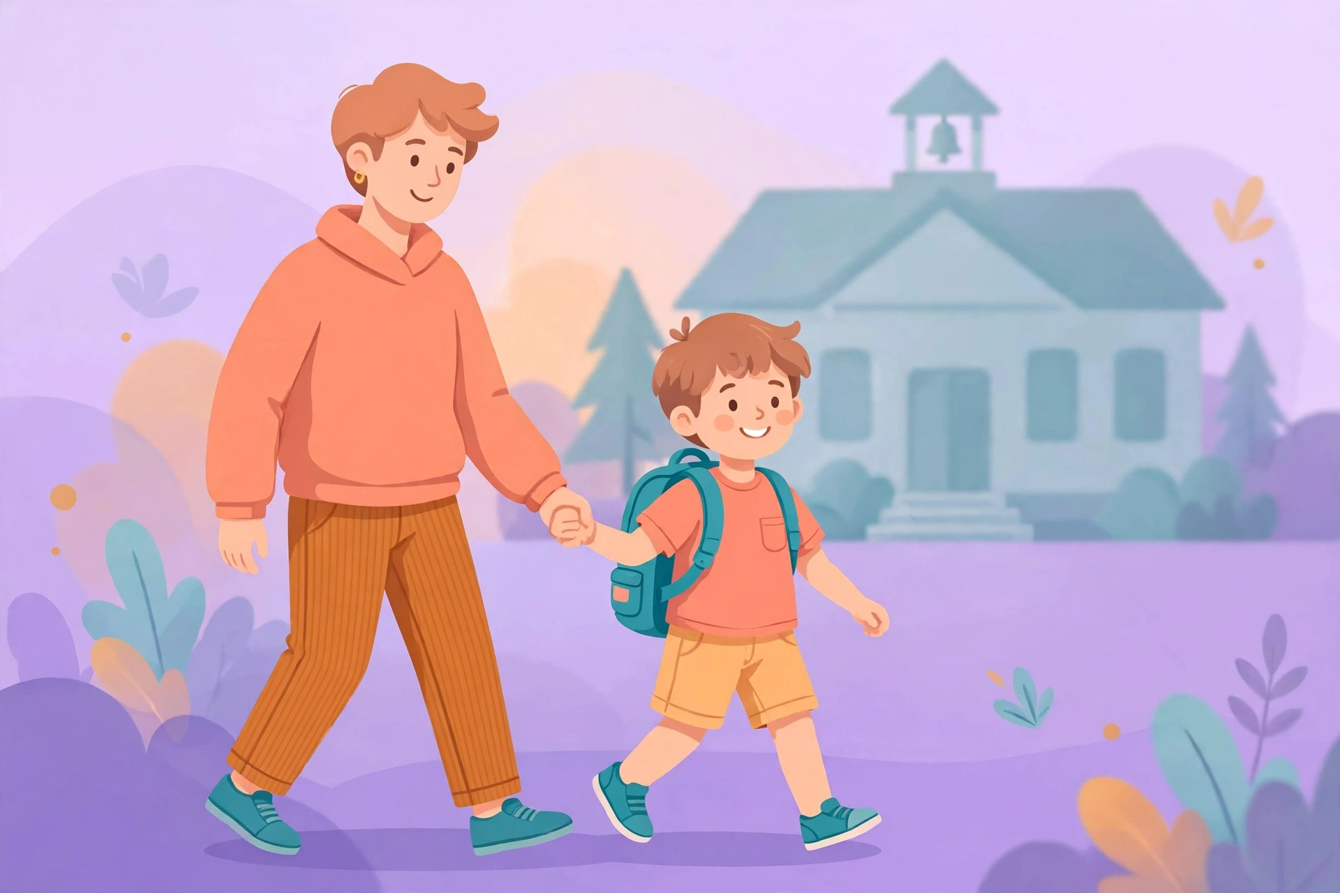 Warm illustration of a parent walking their child to school